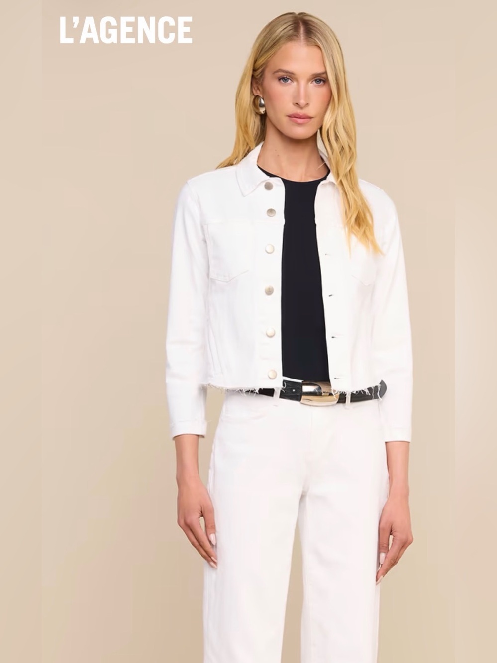 L’AGENCE Janelle White Raw Hem Denim Jacket Size L NWOT